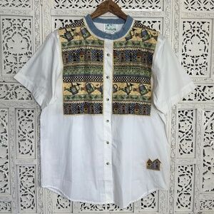 Quacker Factory Garden Themed Short Sleeve Button Up Grannycore Blouse Sz Medium